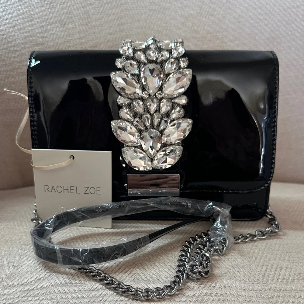 Rachel Zoe Glossy Black Clutch with Crystal Accents